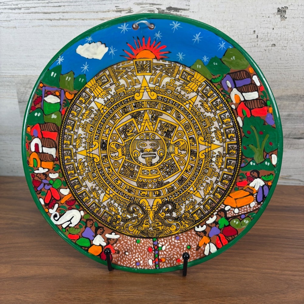 Vintage Mexican Aztec Sun Stone Calendar Hand Painted Terracotta Wall Plate 9.5"